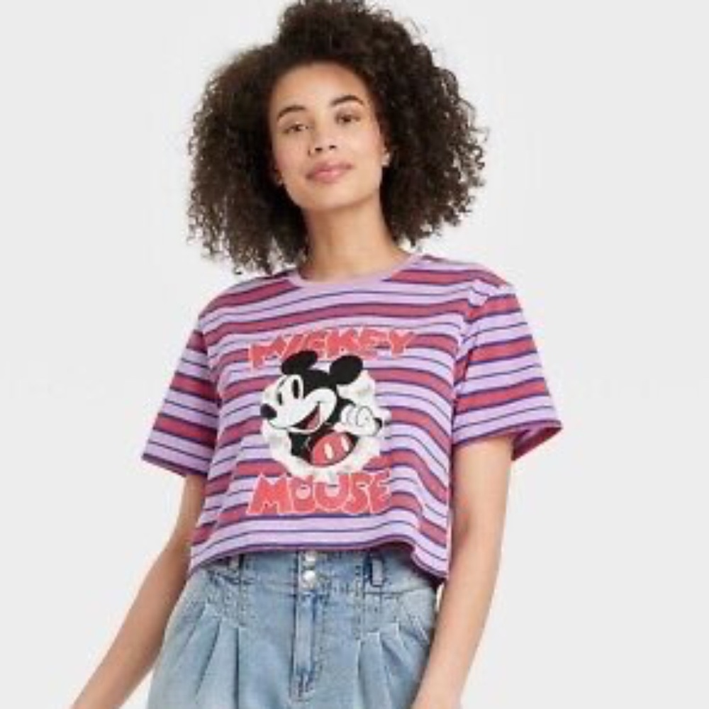 Disney Mickey Mouse Classic Striped Graphic Cropped T-Shirt Purple/Red‎ Size XS